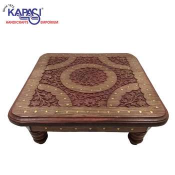 Sheesham Wood Chowki / Bajoth Brass Inlay Handwork  L 17.50" x W 17.50" x H 7"